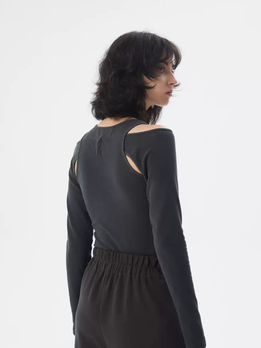 ERRORCODE ROBOT dark gray off-shoulder long-sleeve tee, back three-quarter modeled view showing shoulder cutouts