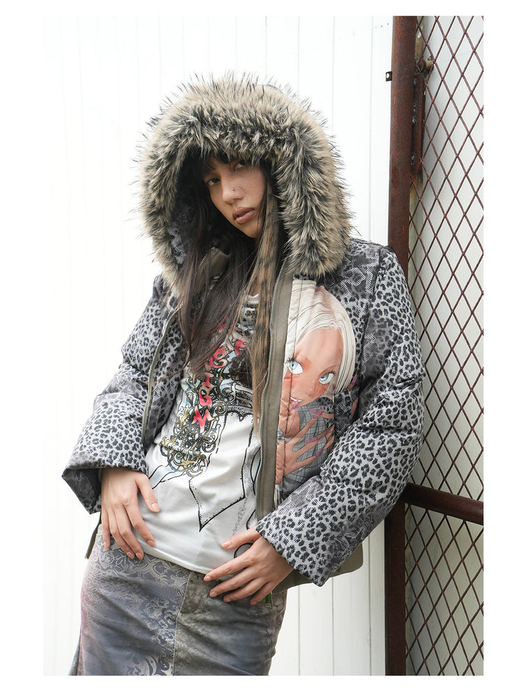 4RE1GN NAILS DONE leopard graphic down jacket in gray multicolor — close modeled view with the furry-trimmed hood up