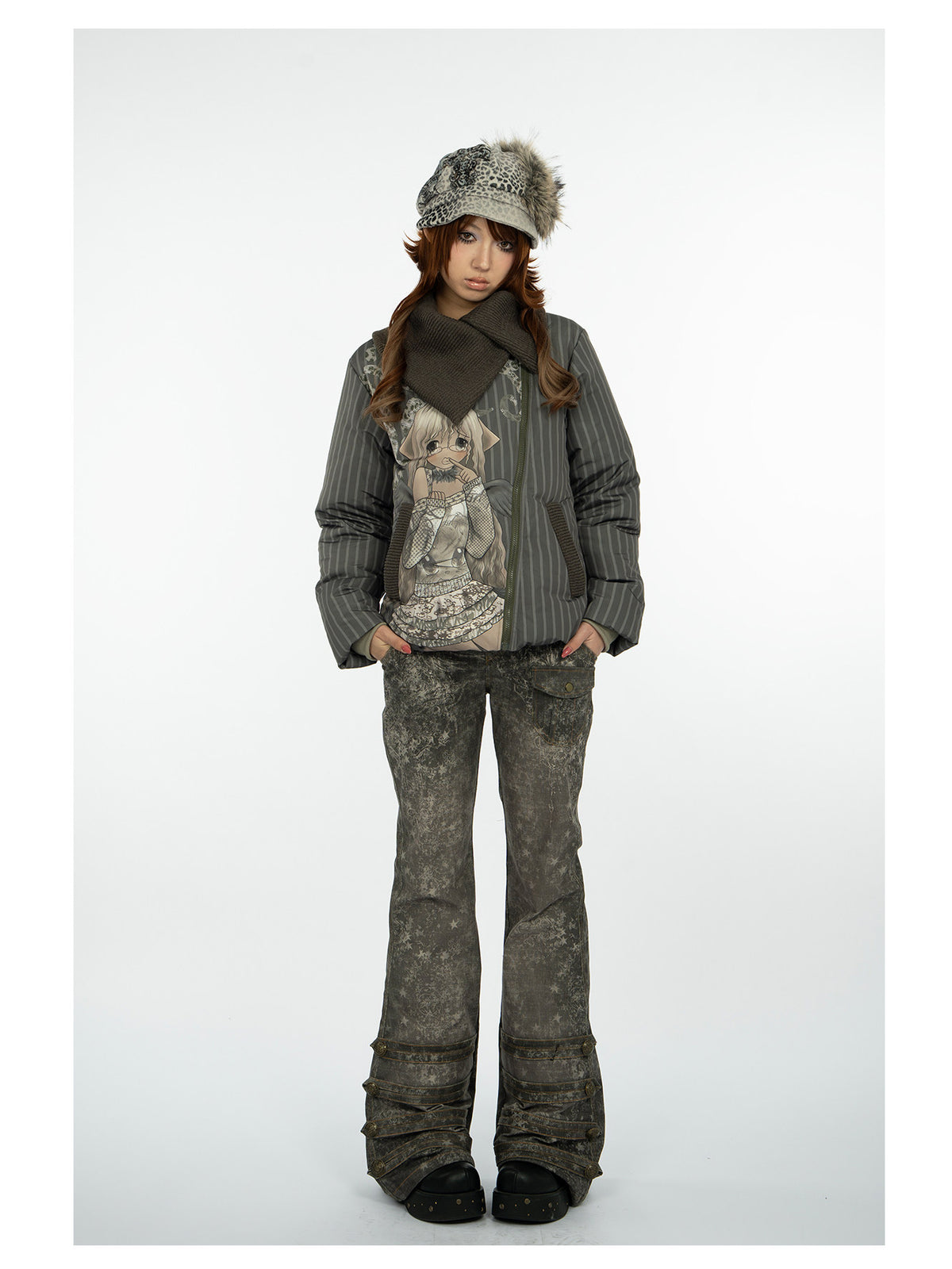 4RE1GN COMIC STRIPE asymmetric-collar down jacket in olive green — full-length modeled view with hands in pockets