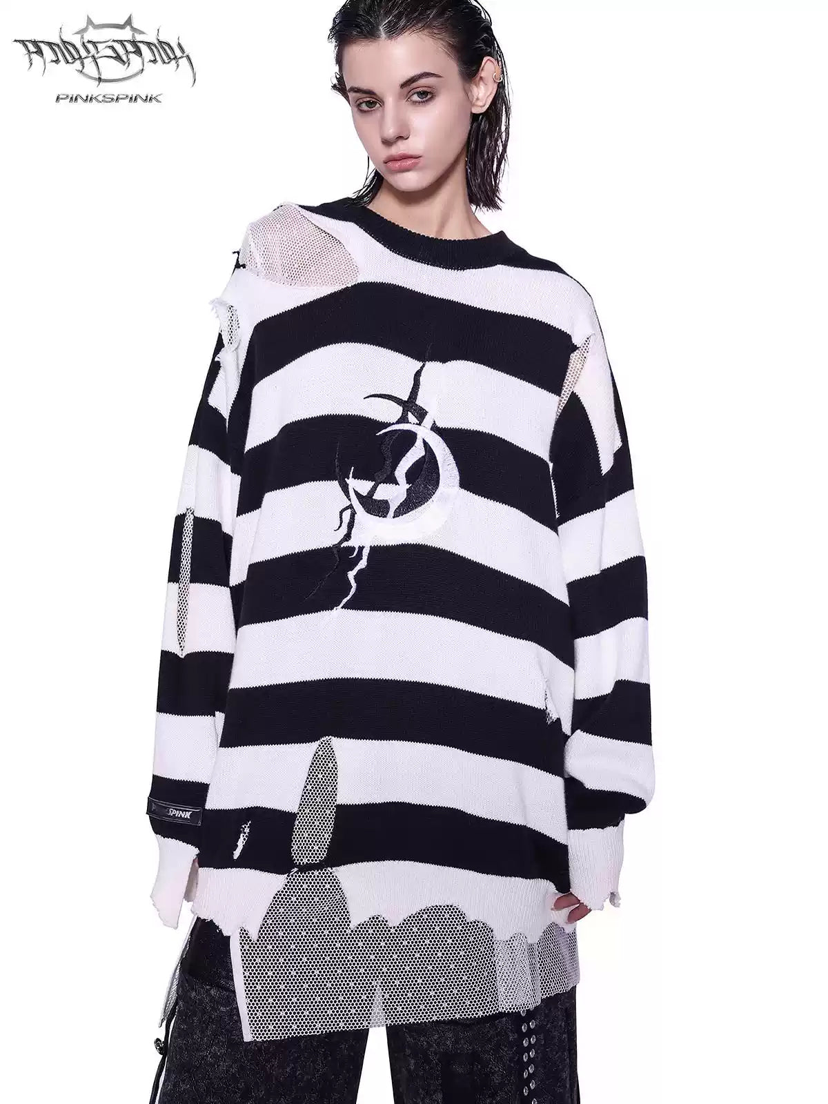 PINKSPINK ELECTRIC MOON distressed striped sweater in BLACK WHITE STRIPE — front close view with black-and-white stripes and offset chest embroidery.