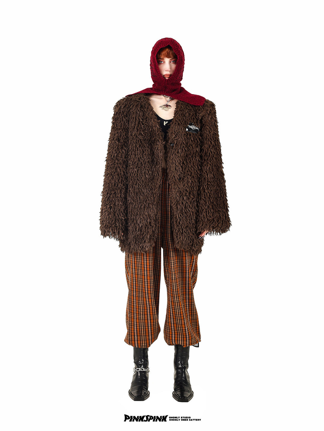 PINKSPINK caramel shaggy padded-shoulder jacket — front modeled view styled with a burgundy balaclava