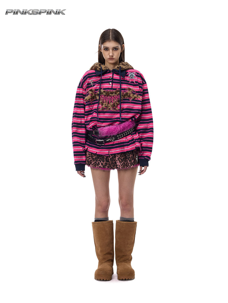 PINKSPINK CAT ALIEN leopard-ear striped hoodie — full-length modeled view with the hood down and a mini skirt