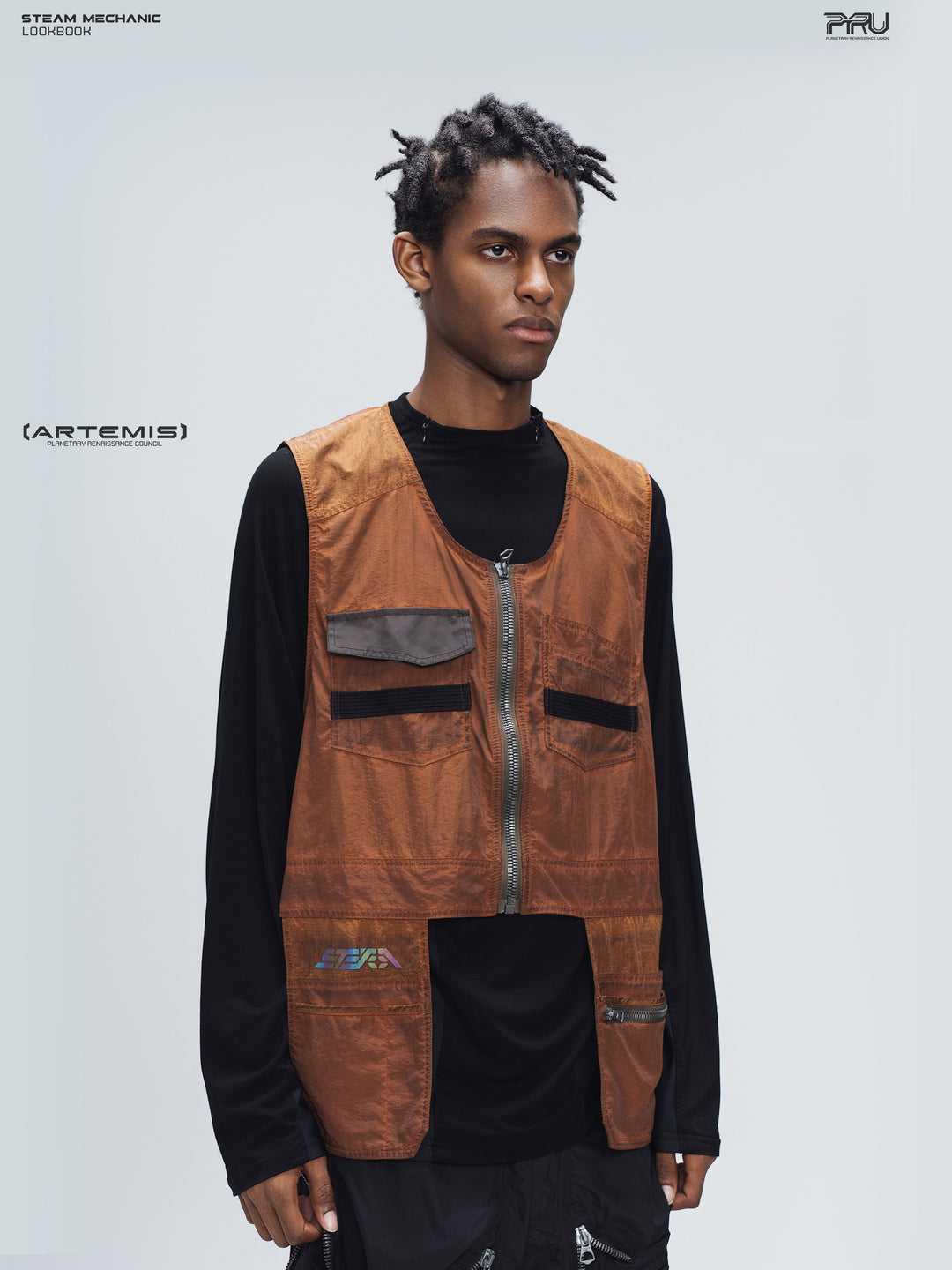 PIONEER sedna-red multi-pocket vest, right-facing three-quarter view showing layered cargo pockets