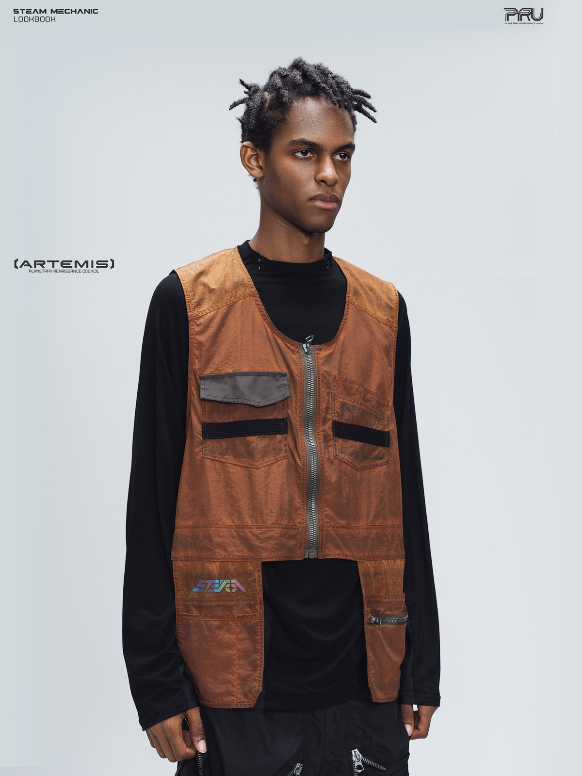 PIONEER sedna-red multi-pocket vest, right-facing three-quarter view showing layered cargo pockets
