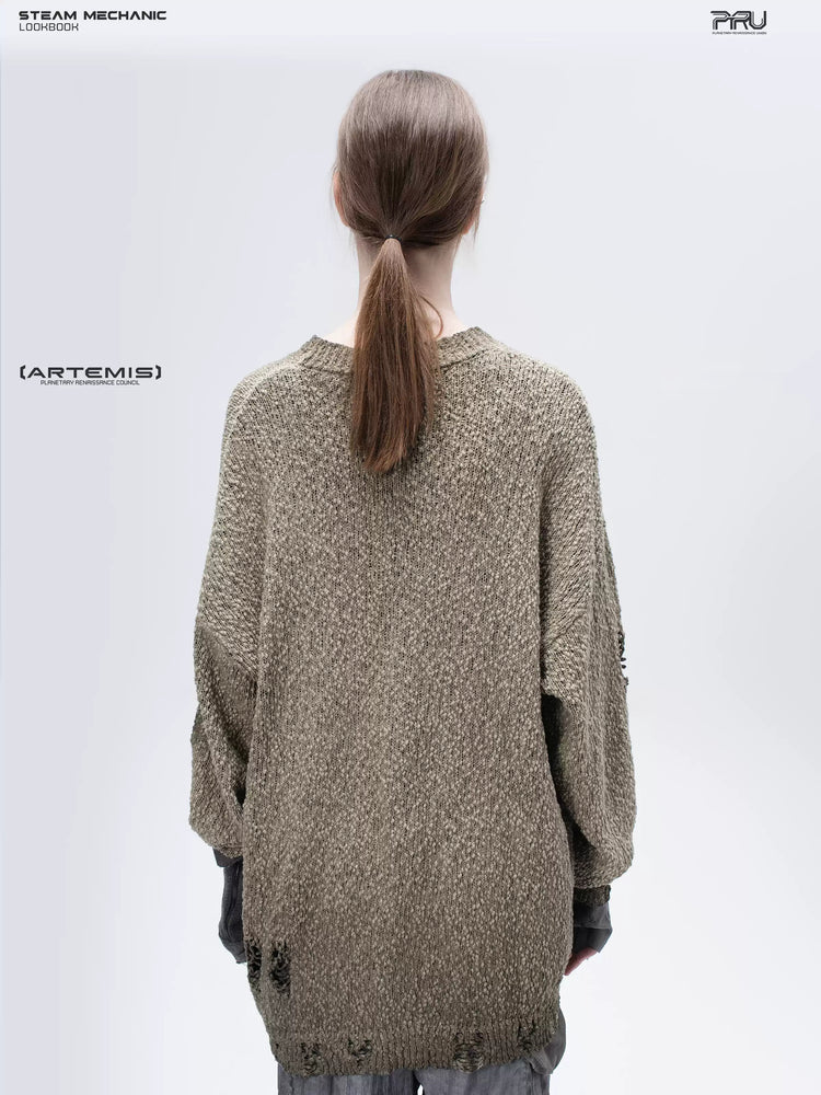 ARTEMIS distressed reversible knit sweater, mercury brown, close back view of the textured knit