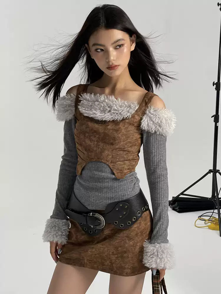 NEXT PASSPORT wasteland-brown shark-pleat vest and mini skirt — angled modeled studio view