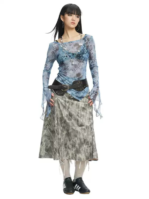 NEXT PASSPORT blue-gray printed mesh asymmetric long-sleeve top, photo 2