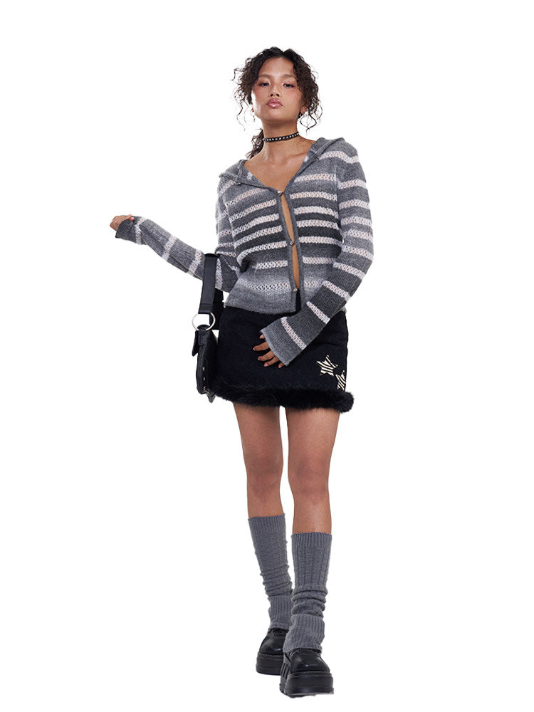 Front view of the NEXT PASSPORT gray-white gradient striped hooded cardigan