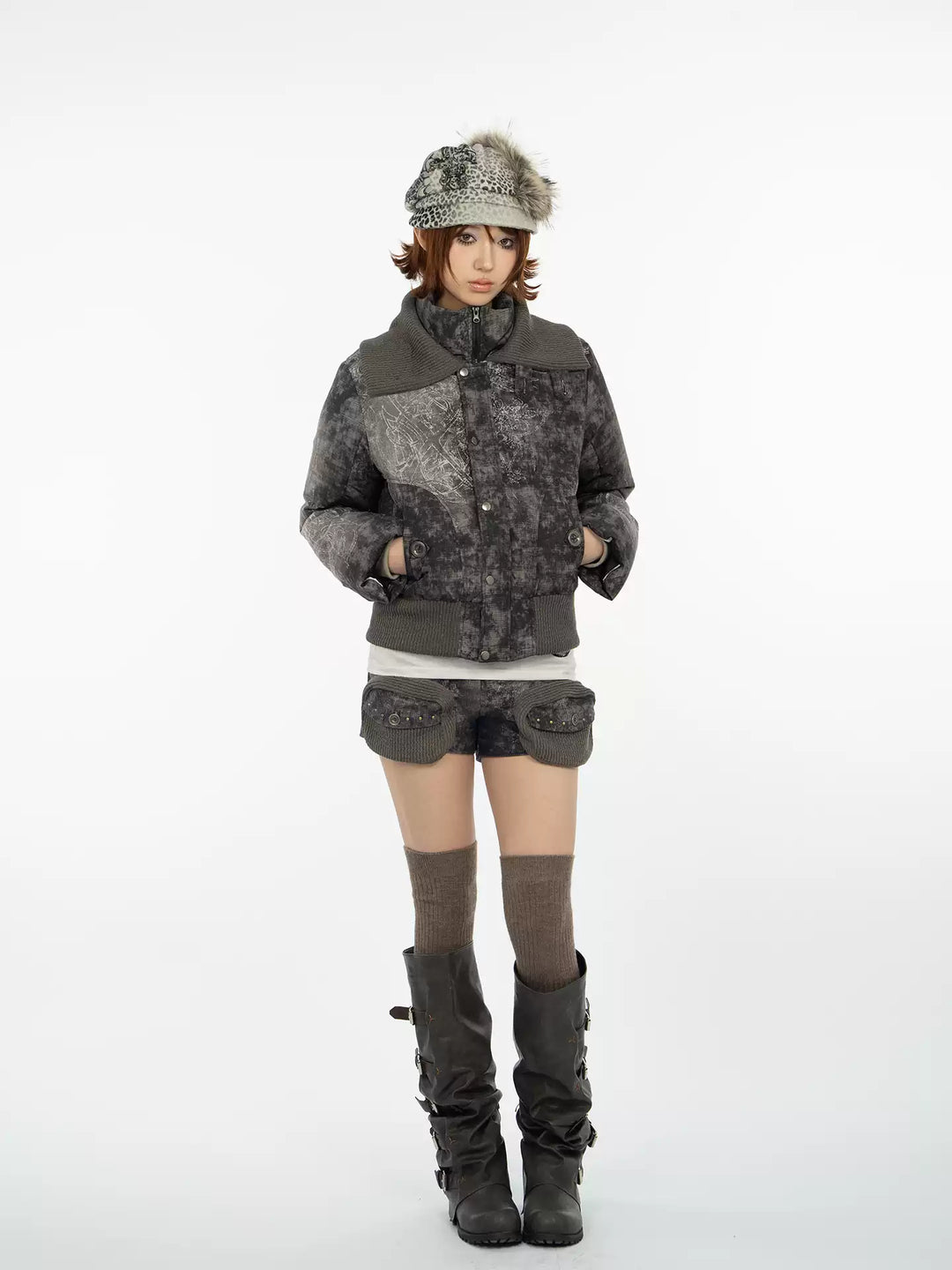 4RE1GN MYSTIC STAR knit-collar down jacket in gray multicolor — full-length front modeled view with hands in the pockets