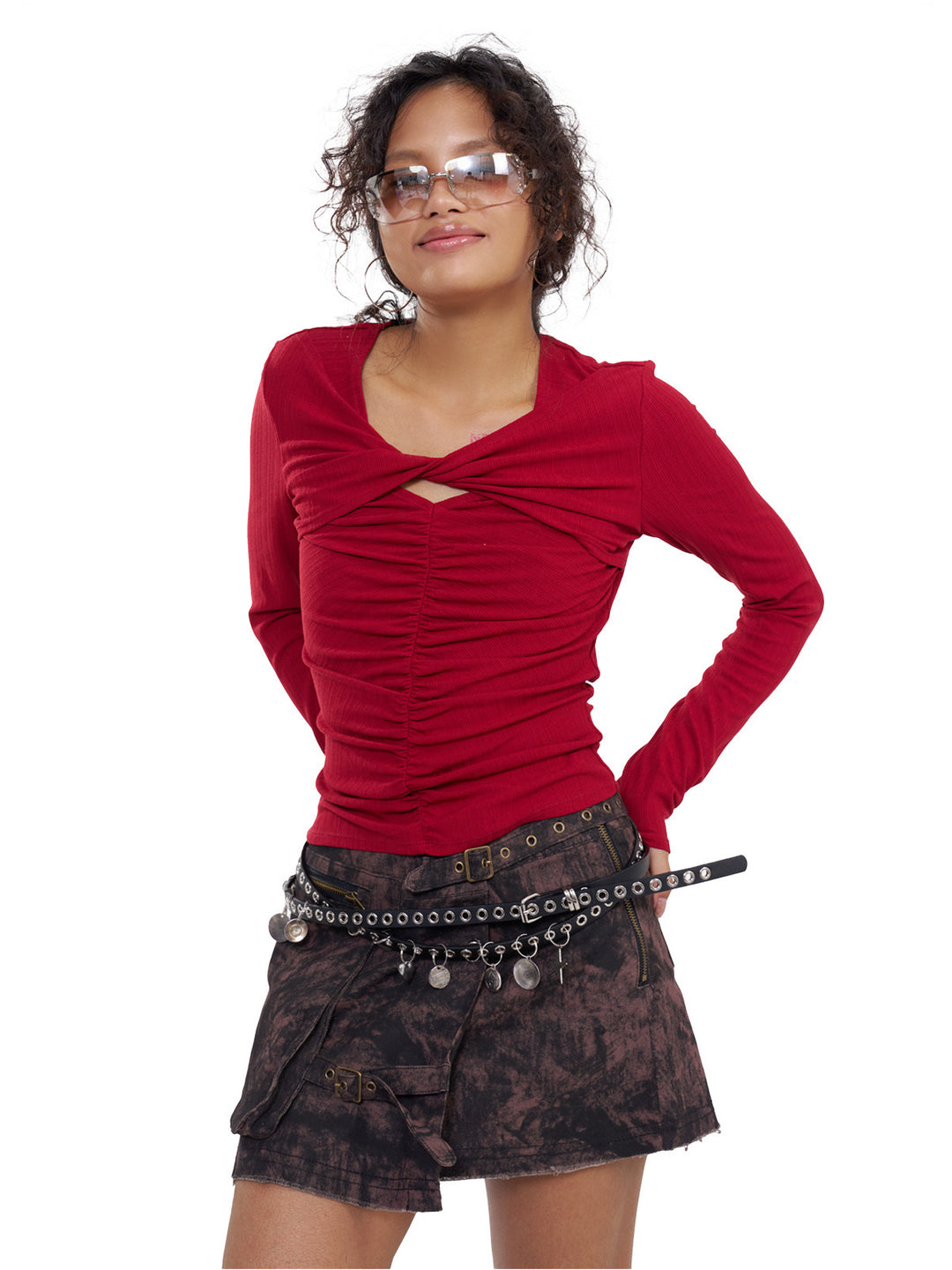 NEXT PASSPORT cross-neck ruched long-sleeve tee in red, close modeled view