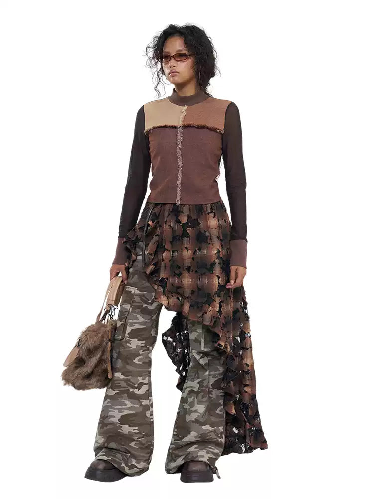 NEXT PASSPORT distressed plaid lace skirt overlay — three-quarter front styling with lace train.