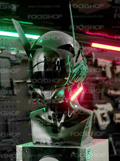 FOCKSHOP VOID anniversary tactical mask — antenna details and red-blue lighting on the original black display mannequin