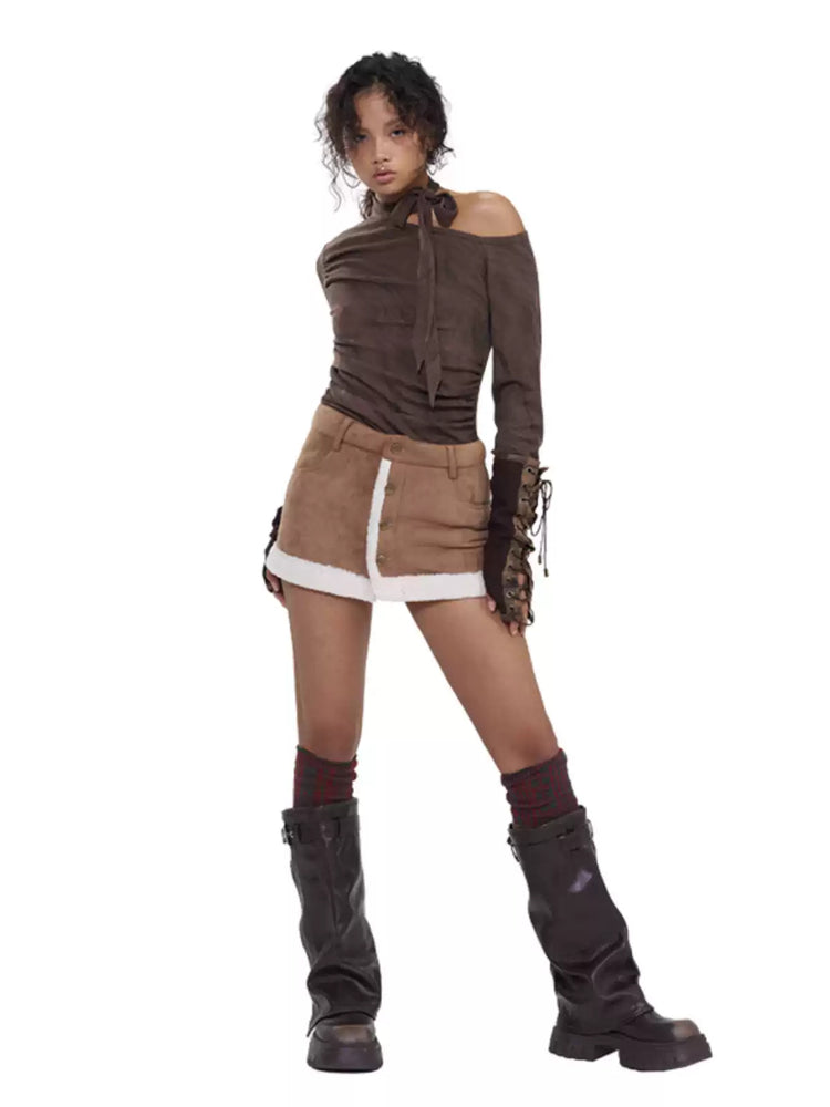 NEXT PASSPORT brown faux-shearling mini skirt, full-length angled studio pose