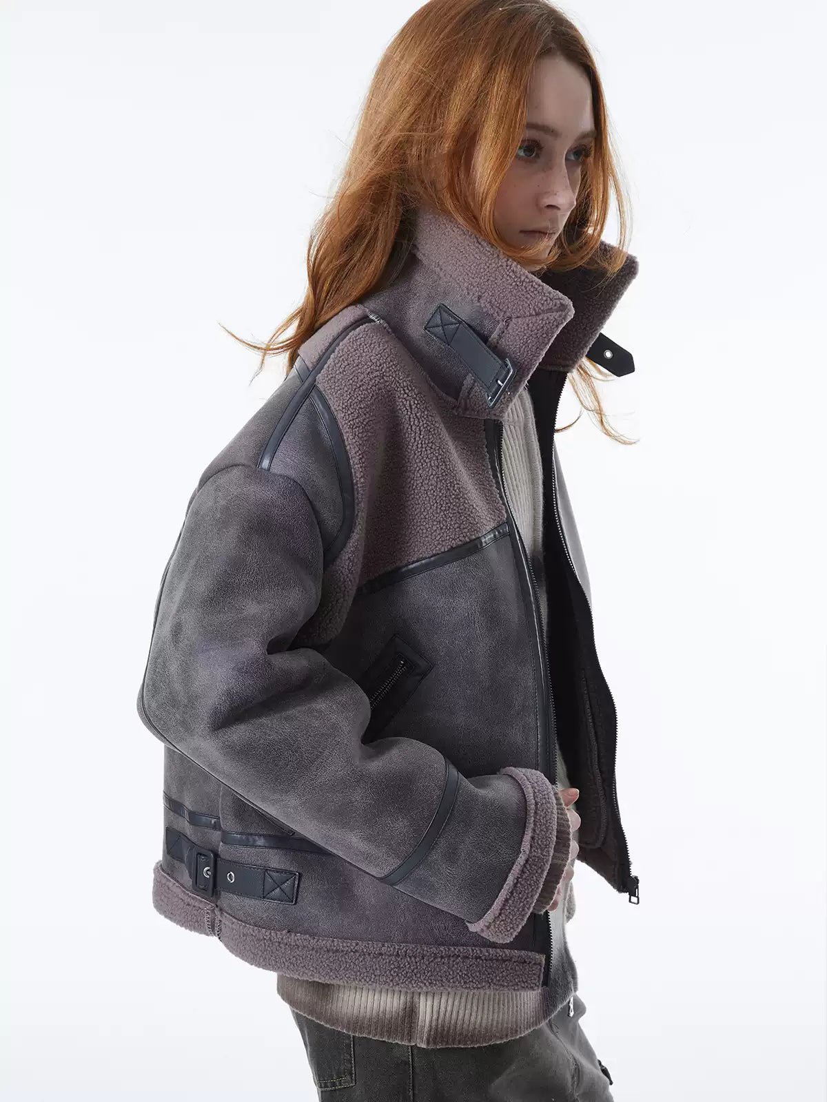 ERRORCODE ROBOT gray-purple paneled faux-shearling jacket, close side view showing high collar and paneled trim