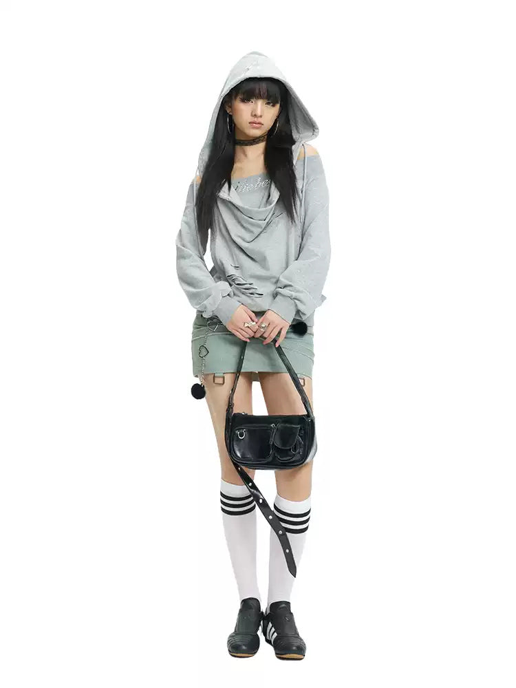 Full-length white-background view of the gray layered hoodie with the hood raised
