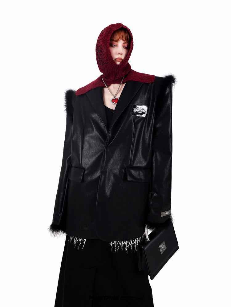 PINKSPINK ELECTRIC THORN embroidered knit balaclava in burgundy — front modeled view with a pointed-shoulder black blazer and bag