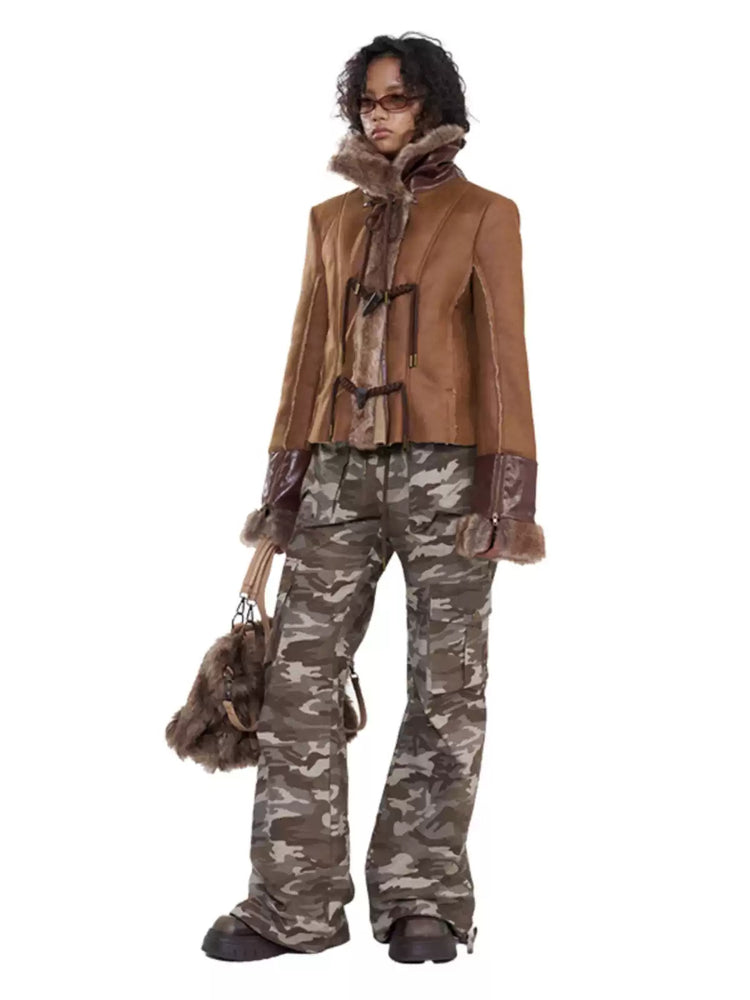 NEXT PASSPORT dark-brown rope-toggle shearling cropped jacket, full-length studio look with bag