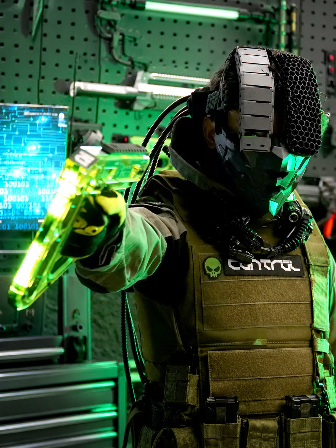 FOCKSHOP REBORN illuminated blaster prop — modeled cyberpunk outfit holding the illuminated prop in a workshop