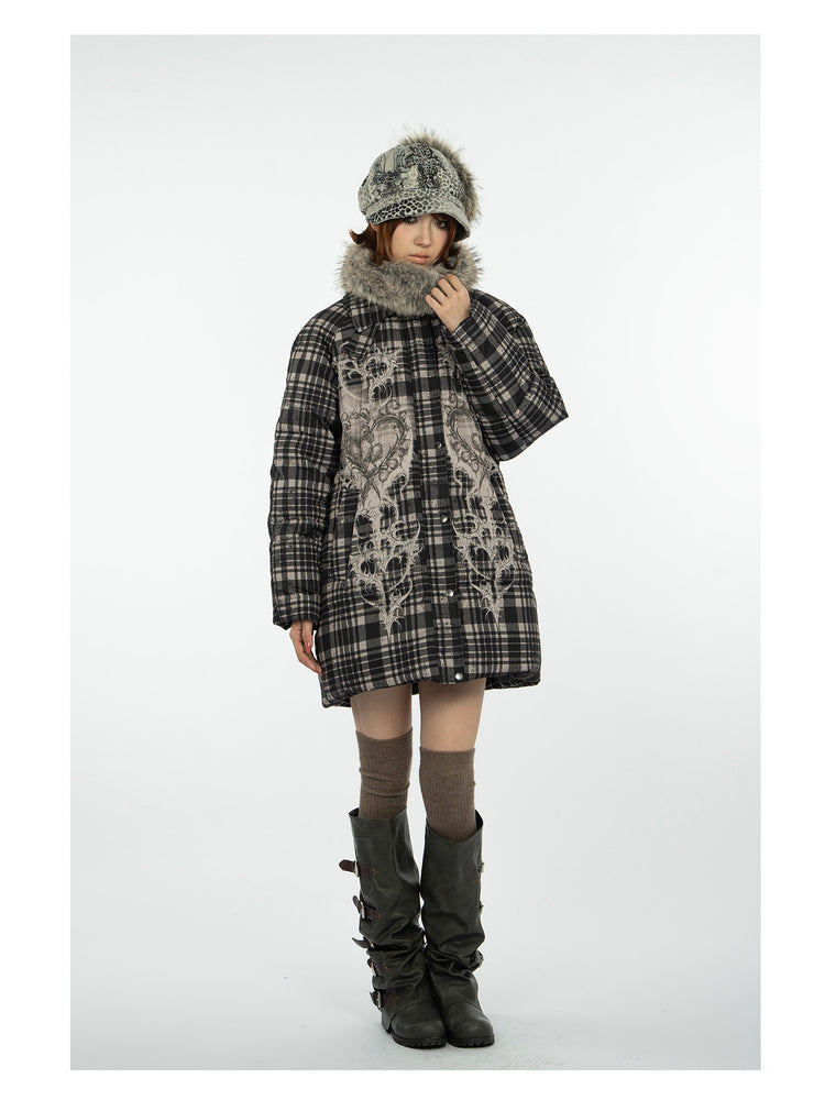 4RE1GN BEARHEART plaid long down coat in brown multicolor — full-length modeled view with one hand at the collar