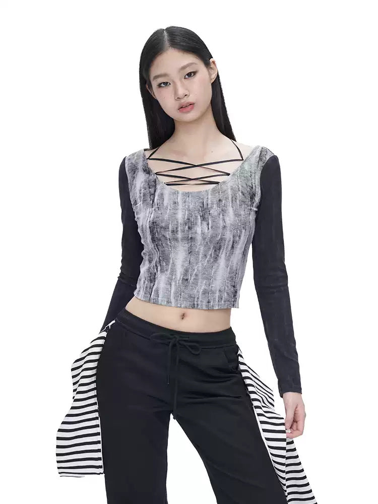 Model wearing the NEXT PASSPORT black tie-dye lace-up U-neck long-sleeve crop tee.