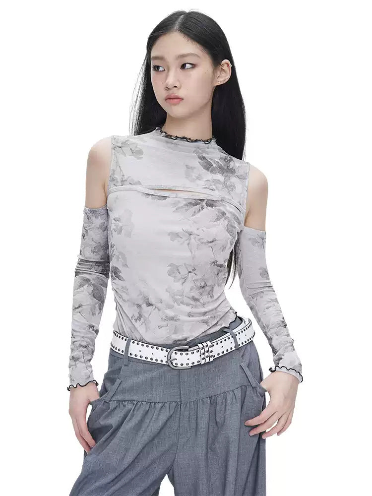 NEXT PASSPORT gray ink-print asymmetric off-shoulder top