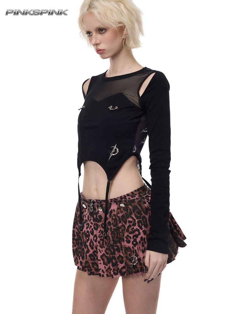 PINKSPINK PINK LEOPARD detachable faux-fur mini skirt — three-quarter modeled view of the pink leopard layer with a black mesh top