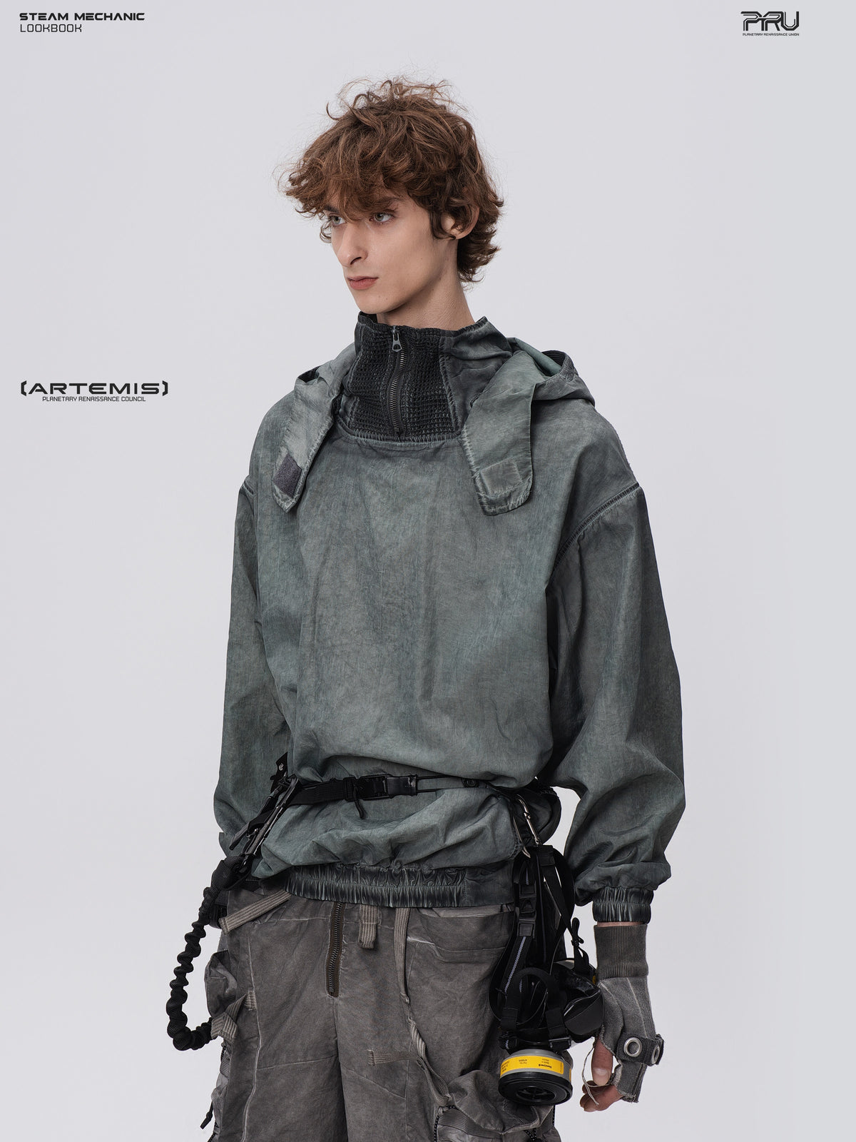STEAM FUNCTION PIONEER moon-blue mesh hoodie, front three-quarter view showing geometric shoulder panels