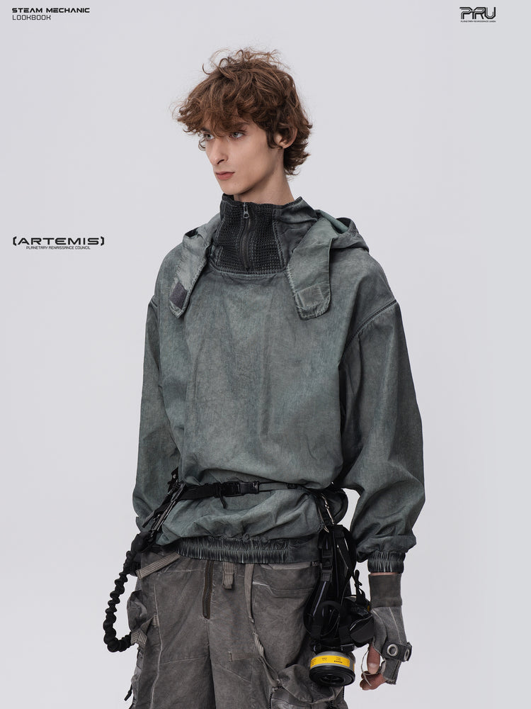 PIONEER detachable-hood mesh hoodie in moon shadow blue, front three-quarter view showing geometric shoulder panels