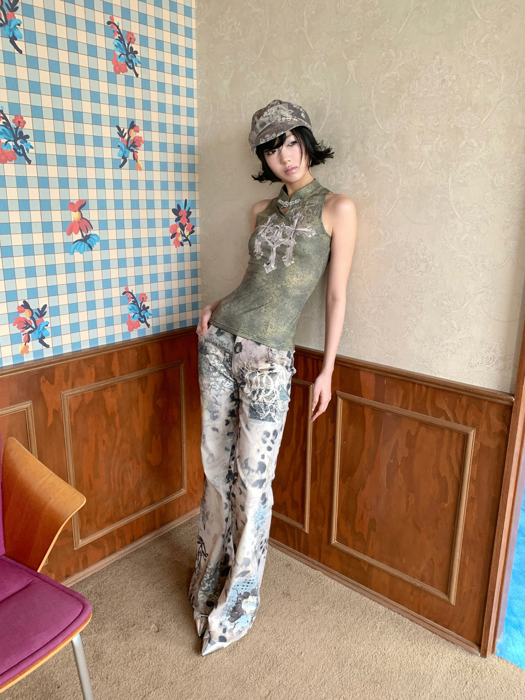 4RE1GN TRIPLE CROSS mandarin sleeveless top in olive green — full-length modeled view showing the fitted silhouette