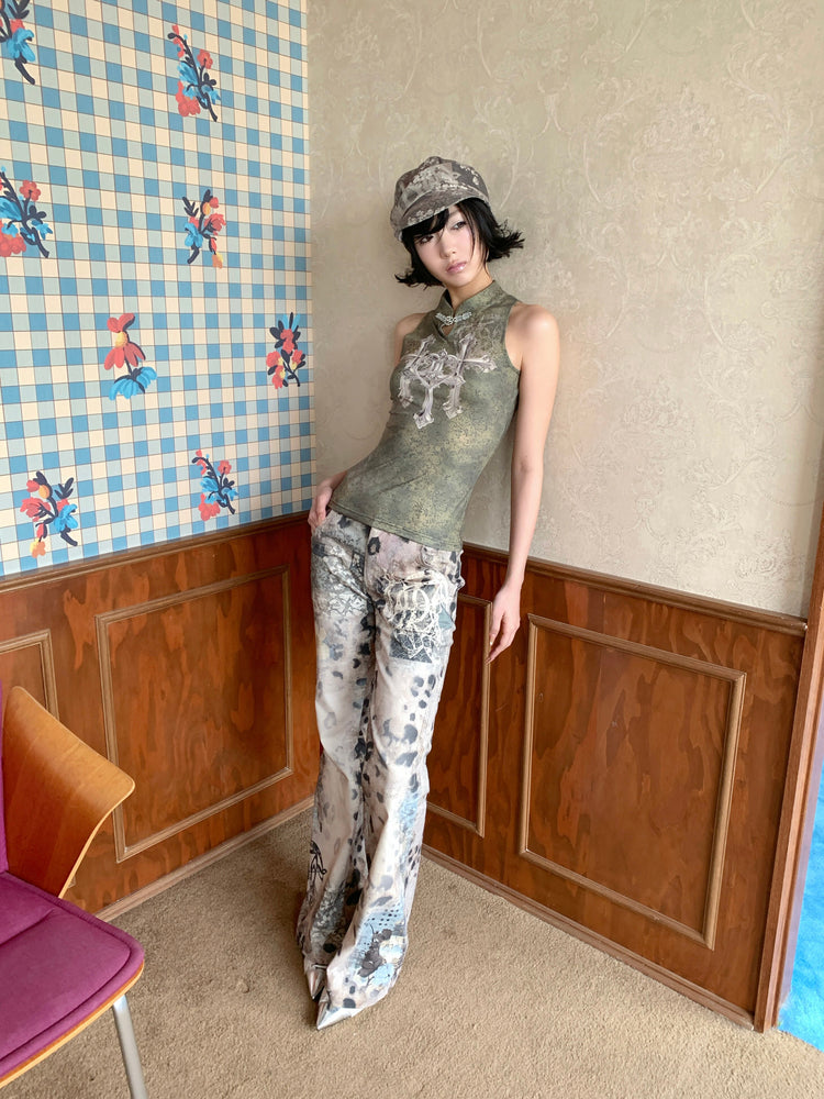 4RE1GN TRIPLE CROSS mandarin sleeveless top in olive green — full-length modeled view showing the fitted silhouette
