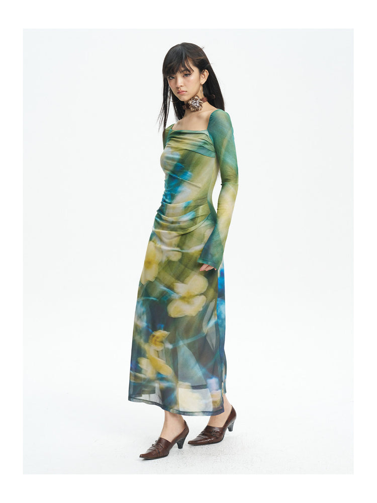 NEXT PASSPORT water-flower print mesh long-sleeve dress — angled studio view