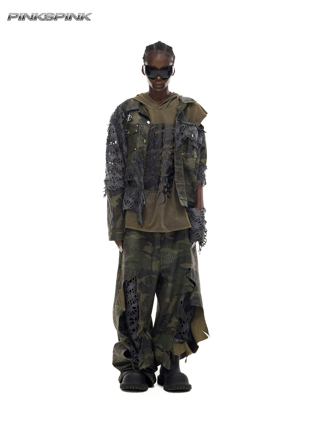 PINKSPINK ELECTRIC MOON distressed camouflage denim jacket — front full-length modeled view layered over an olive hooded top