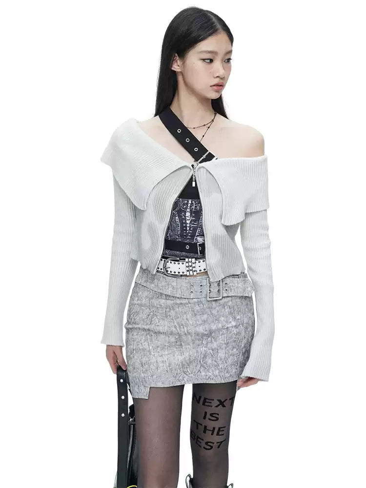 NEXT PASSPORT greige cross-waist belted mini skirt — front styling view.