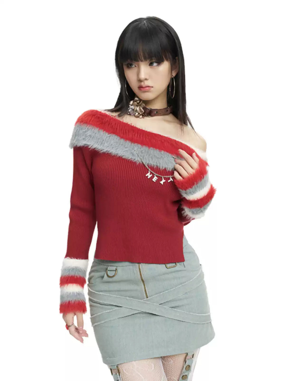 Next Passport red faux-fur collar knit pullover three-quarter view