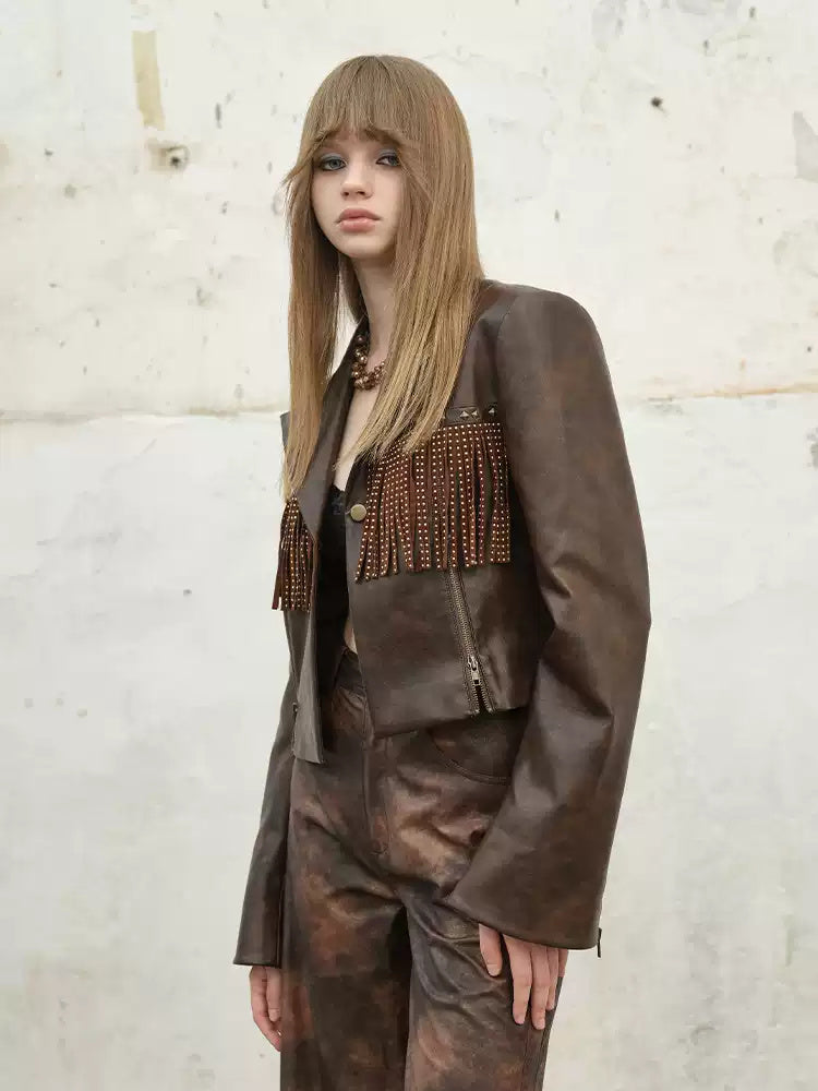 NEXT PASSPORT brown fringe-trim cropped blazer side view