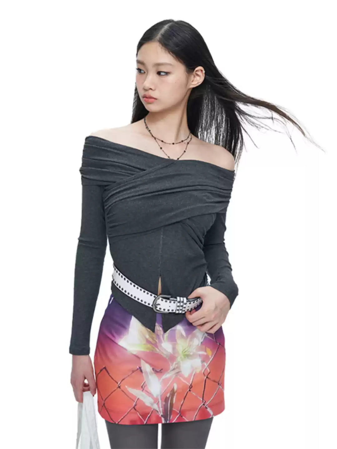 NEXT PASSPORT gray cross-pleated off-shoulder top — view 2