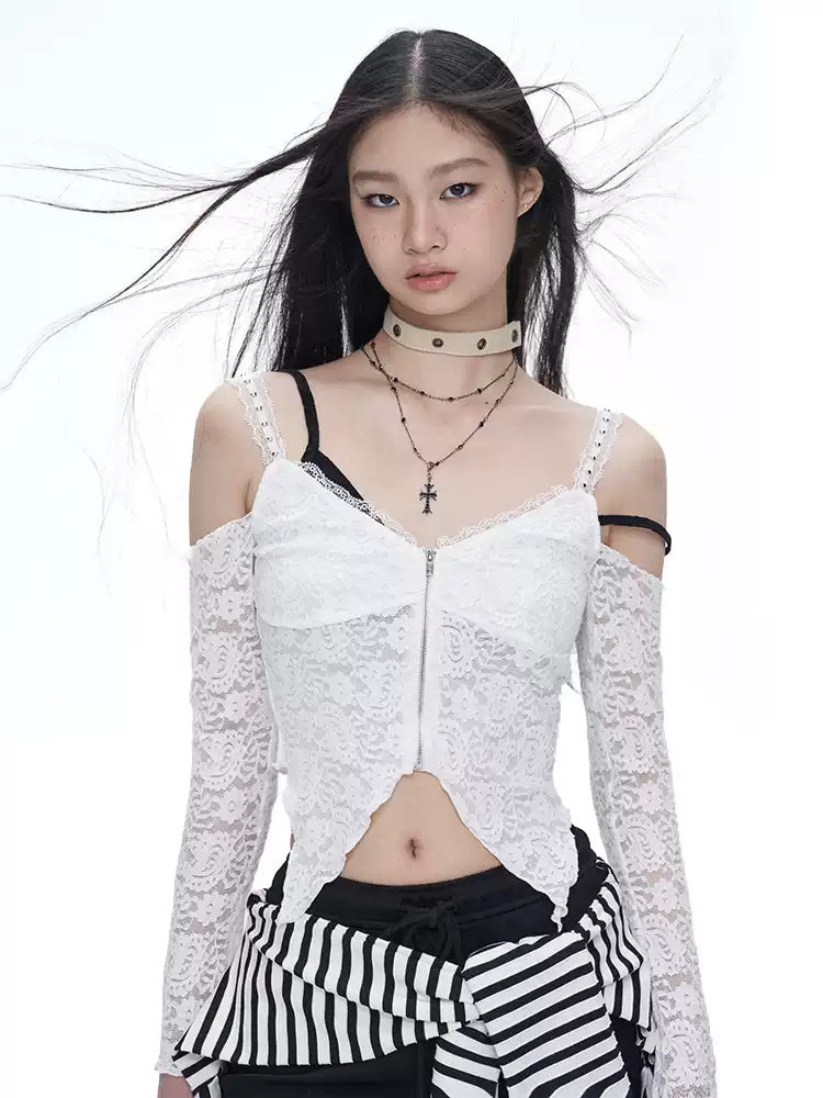 NEXT PASSPORT white lace off-shoulder zip crop top — seated studio view
