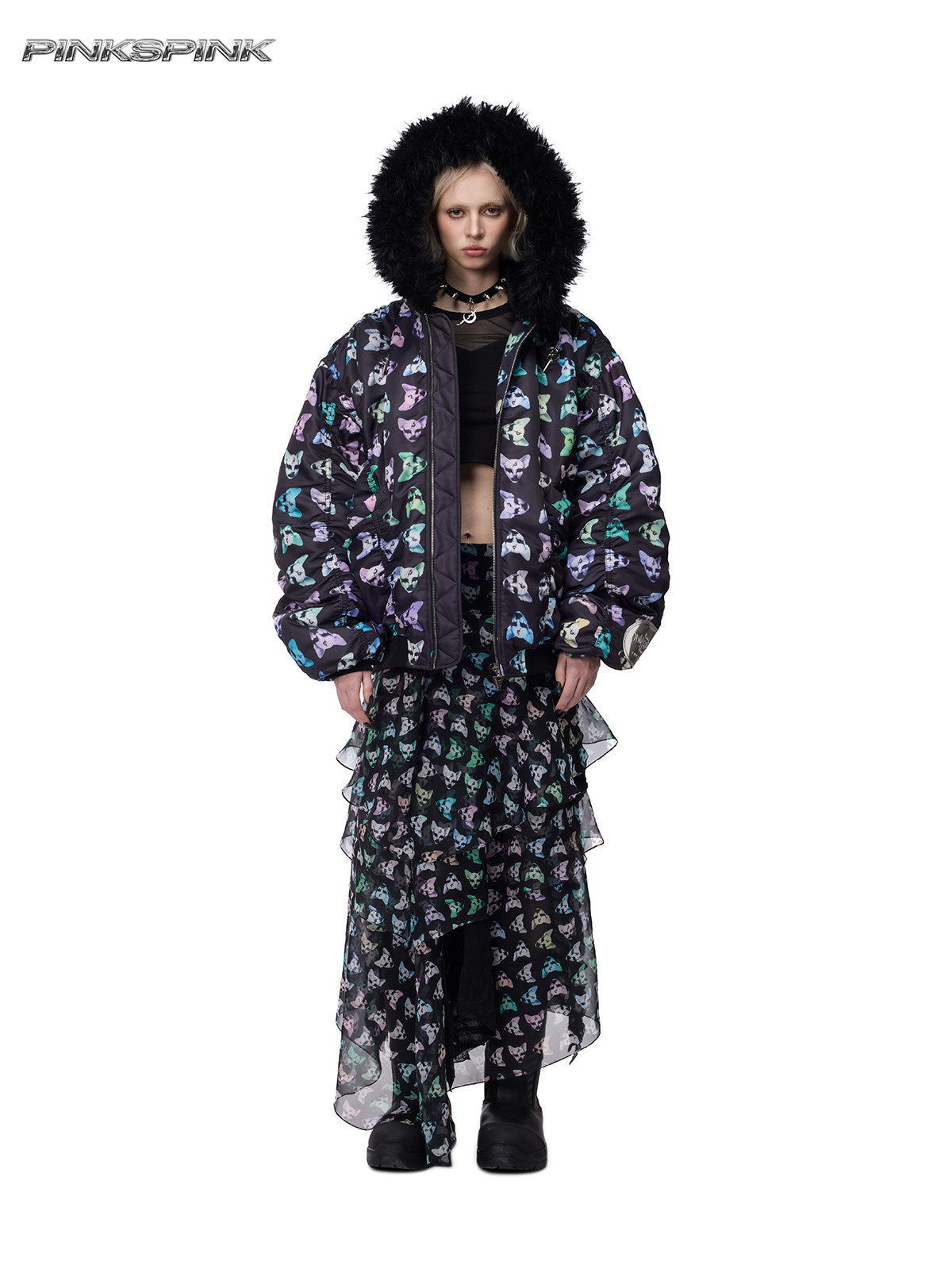 PINKSPINK CAT ALIEN faux-fur collar padded jacket — full-length front modeled view with the hood raised and a long printed skirt
