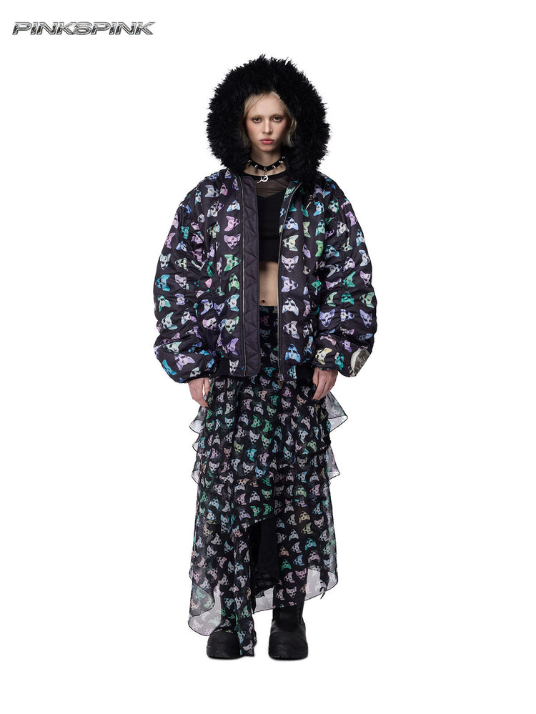 PINKSPINK CAT ALIEN faux-fur collar padded jacket — full-length front modeled view with the hood raised and a long printed skirt