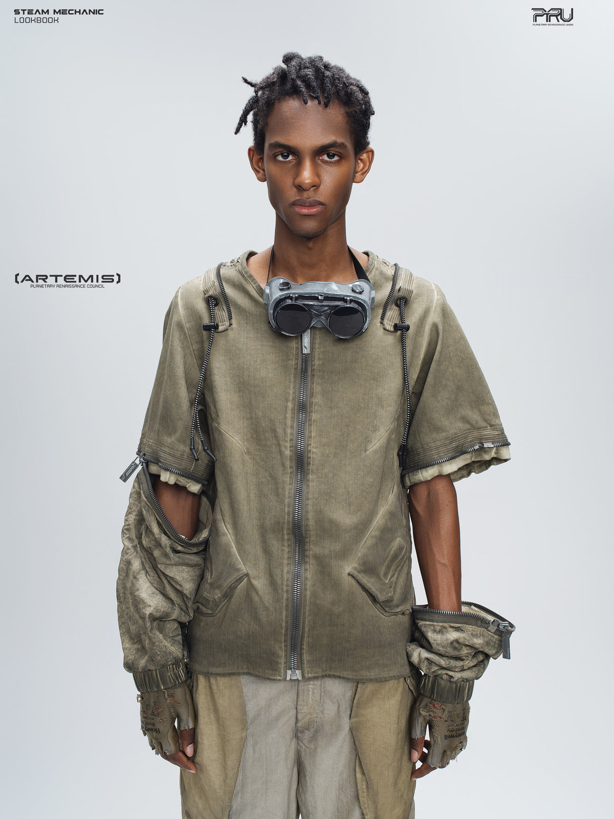 STEAM FUNCTION PIONEER mercury-brown detachable-sleeve jacket, front view with lower sleeves partly unzipped