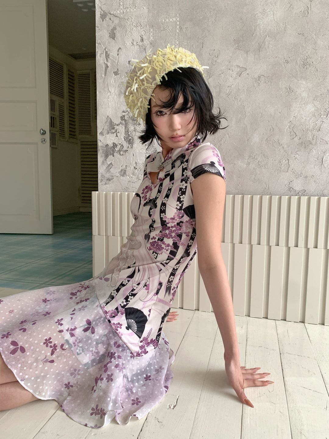 4RE1GN PURPLE MOOD mandarin-collar dress in multicolor — seated three-quarter modeled view