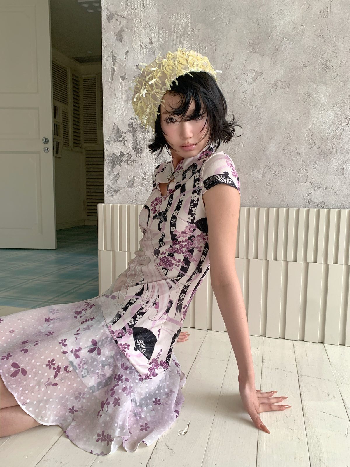 4RE1GN PURPLE MOOD mandarin-collar dress in multicolor — seated three-quarter modeled view