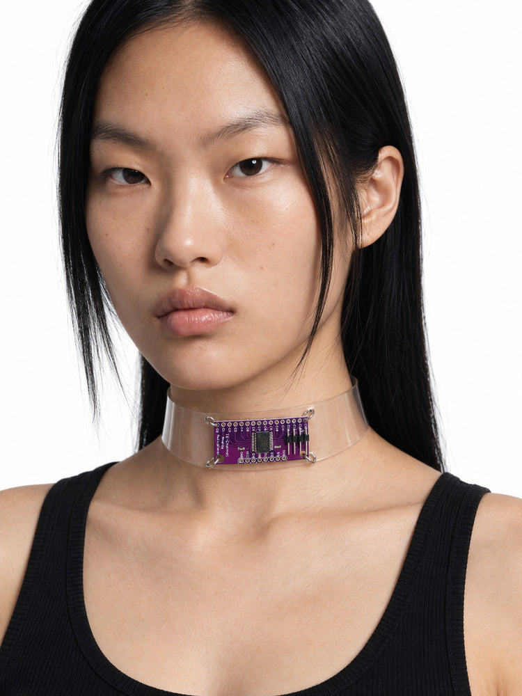 ALISA01 translucent circuit-board choker — three-quarter studio detail