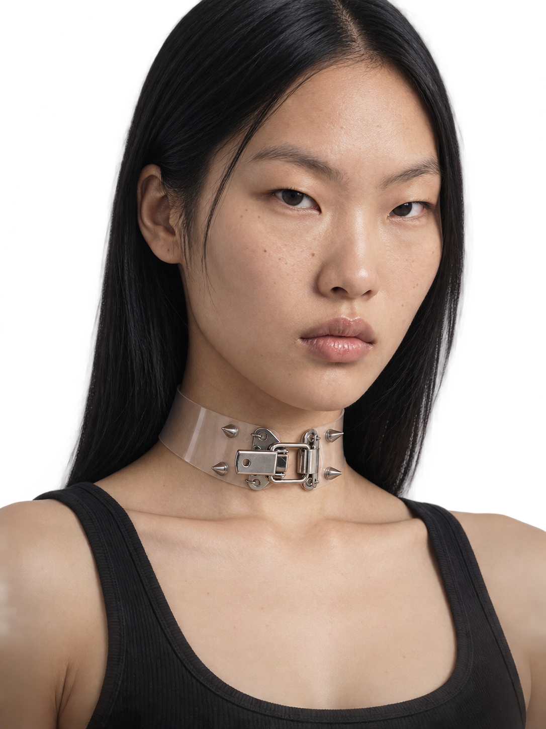 Close modeled view of the translucent ALISA01 choker, central latch and stud arrangement.