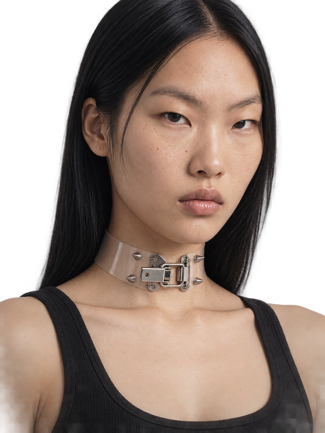 Close modeled view of the translucent ALISA01 choker, central latch and stud arrangement.