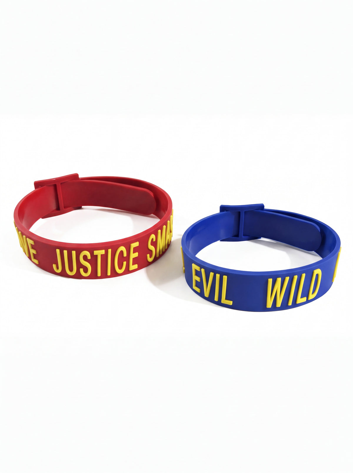 EOH-STUDIO BTBM red and blue raised-letter silicone chokers photographed side by side on a clean white studio background.