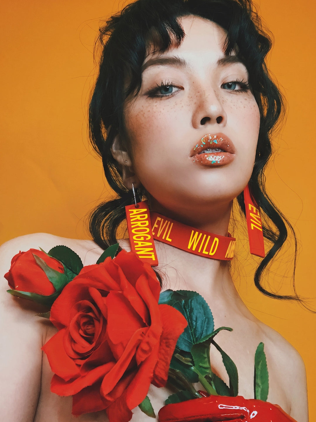 eoh studio btbm earrings red rose editorial portrait