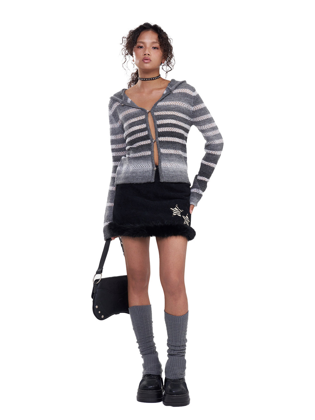 NEXT PASSPORT black corduroy faux-fur trim mini skirt — modeled full front