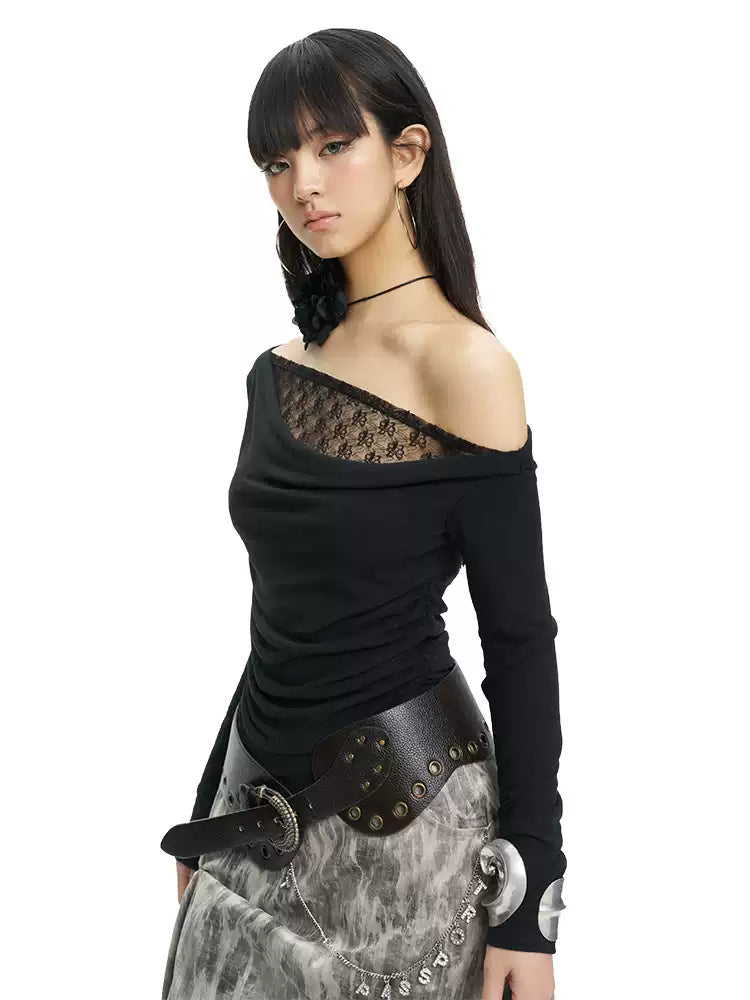 NEXT PASSPORT black lace-trim off-shoulder long-sleeve top — three-quarter front view on white.