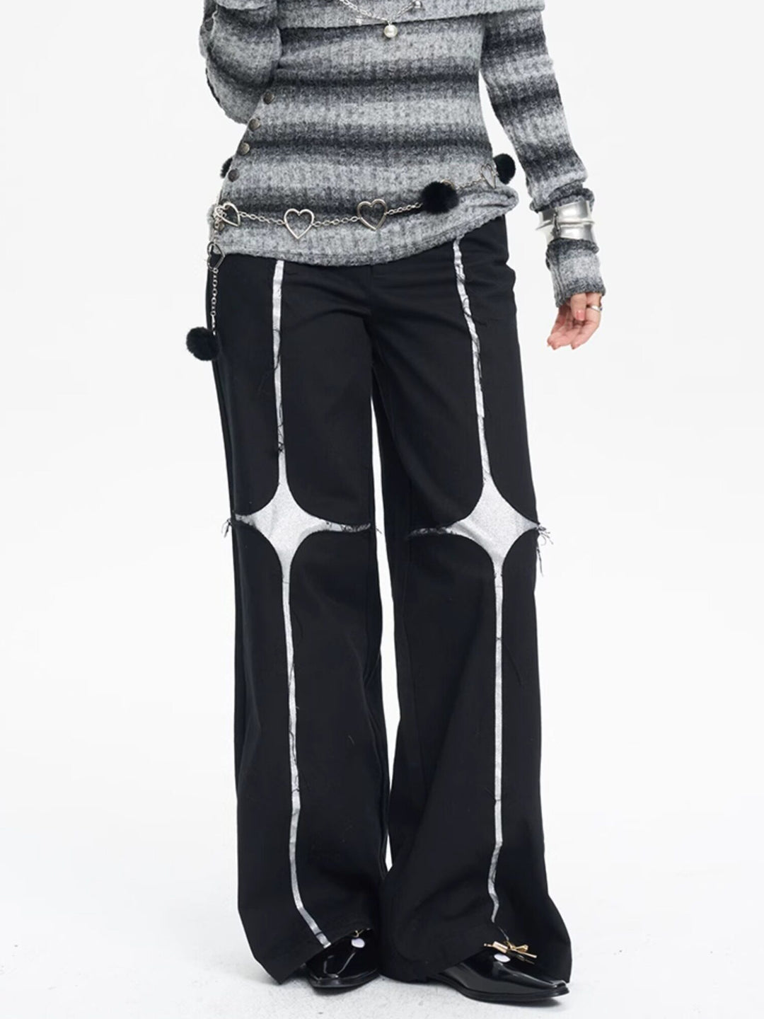 NEXT PASSPORT black silver-cross sequin wide-leg pants — alternate front close-up.